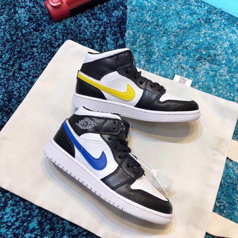 New Air jordan 1 Mid Mandarin Duck Black White Blue Yellow - Click Image to Close